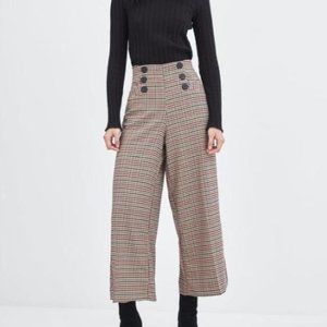 Zara high waisted plaid button front wide leg pants
